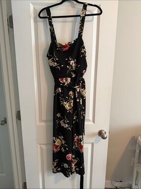 Black Floral Maxi Dress with Tie-Front and Adjustable Straps